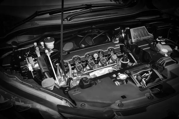 modern engine with highlighted crankcase ventilation system components
