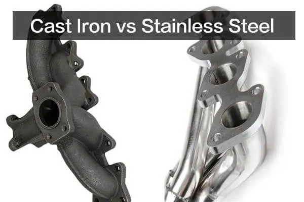 stainless steel exhaust manifold displayed beside a traditional cast iron manifold