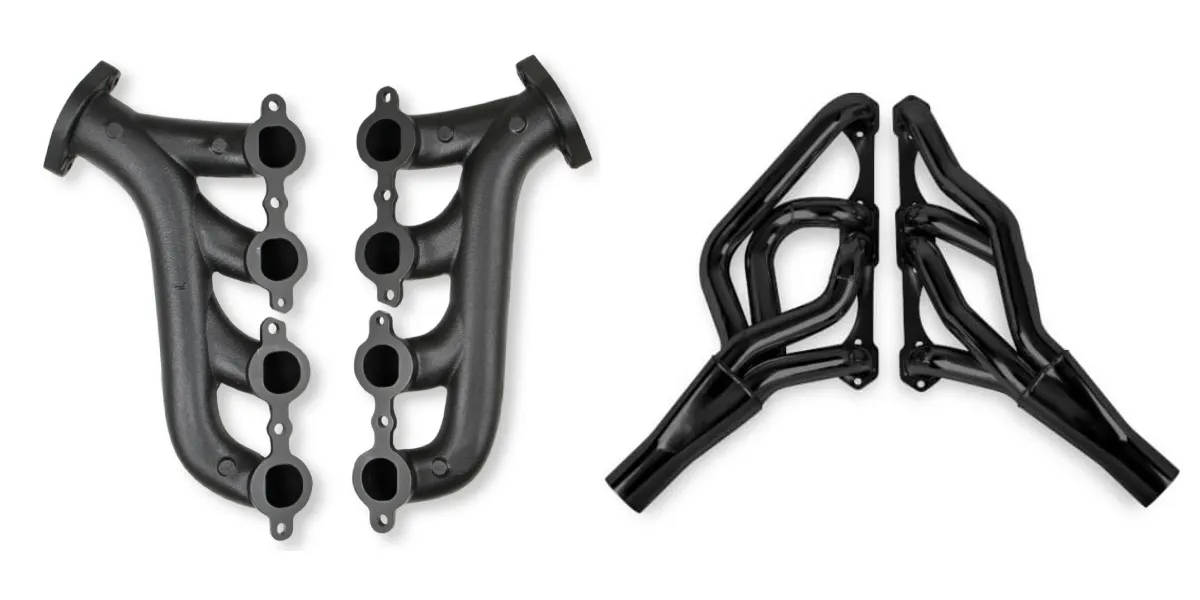 visual comparison of a cast iron exhaust manifold and tubular performance headers