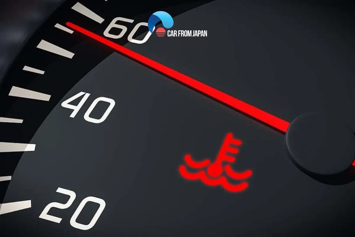 car dashboard showing temperature gauge in the red zone indicating engine overheating