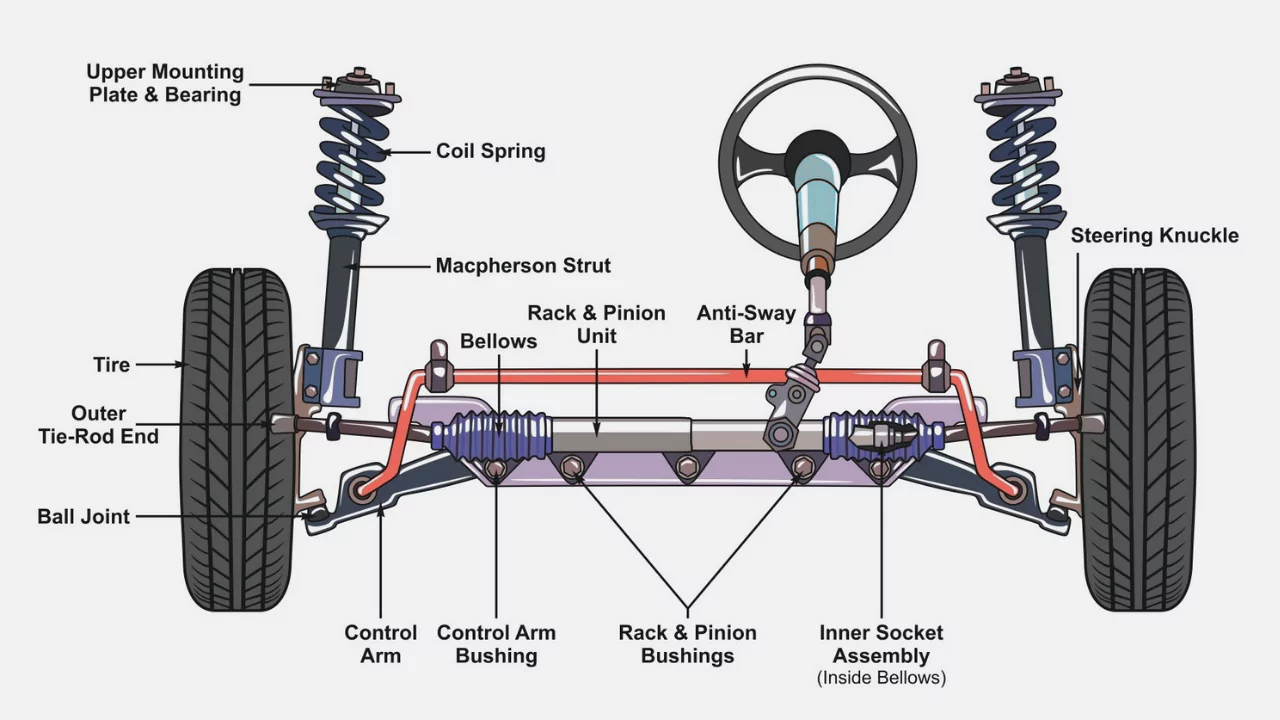 main components of a typical steering shaft assembly in a vehicle